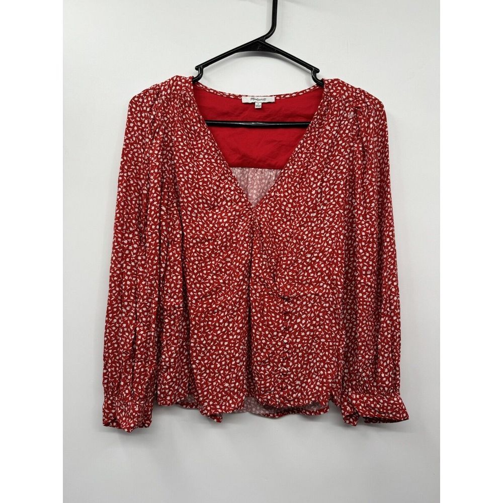Madewell S Blouse Women Red Floral V-Neck Button Front‎ Long Sleeve Viscose